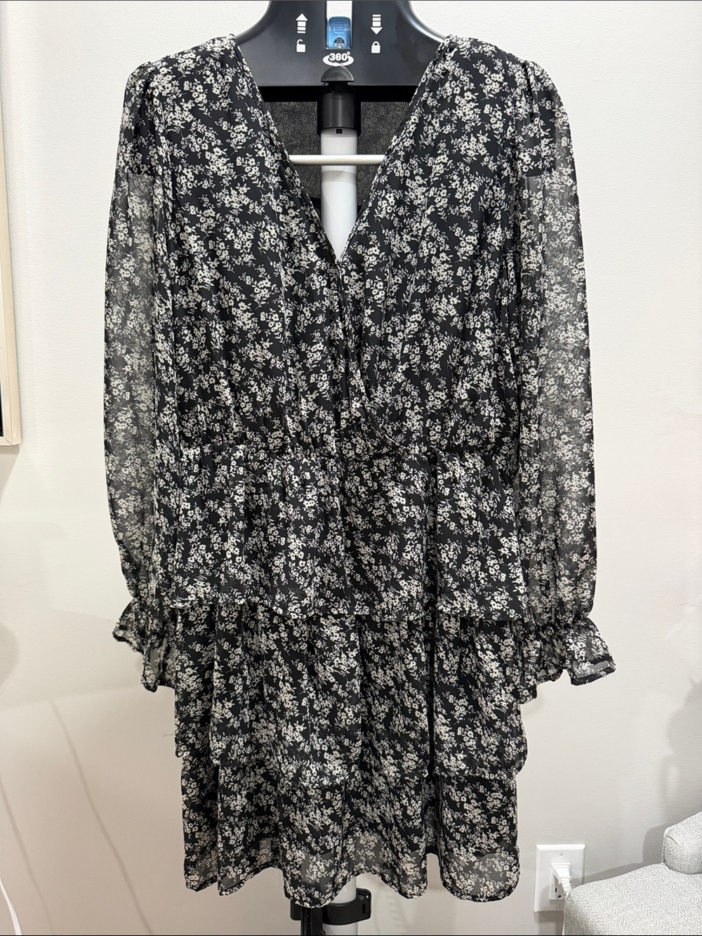 Women Black Floral V-Neck Tiered Long-Sleeve Dress